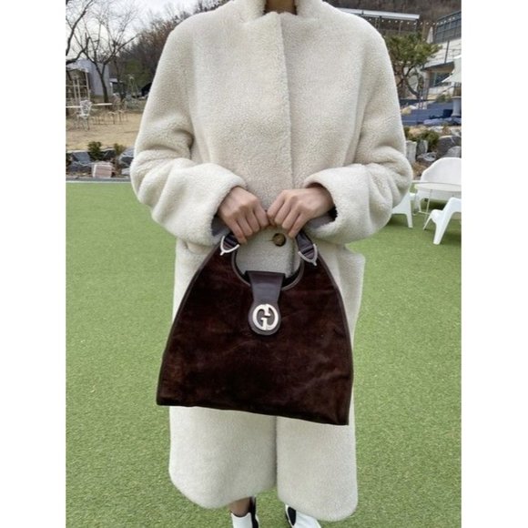 Gucci Brown Top Handle Shoulder Bag Suede Leather Gold GG - Picture 5 of 12